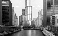 Chicago River Skyline bw-